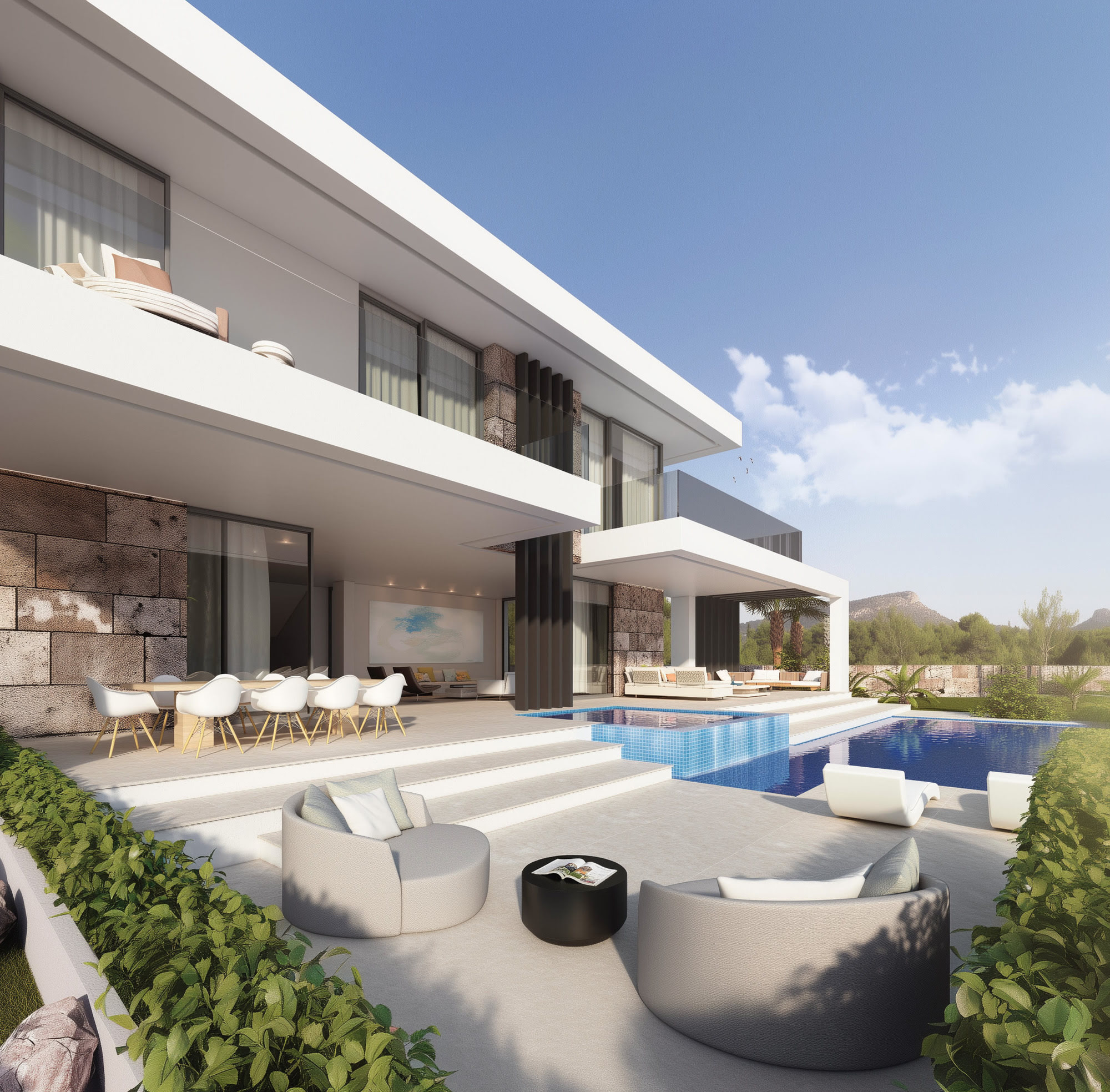 Poolside perspective of UA218 in La Zagaleta with integrated seating, broad steps, outdoor dining terrace and layered landscaping