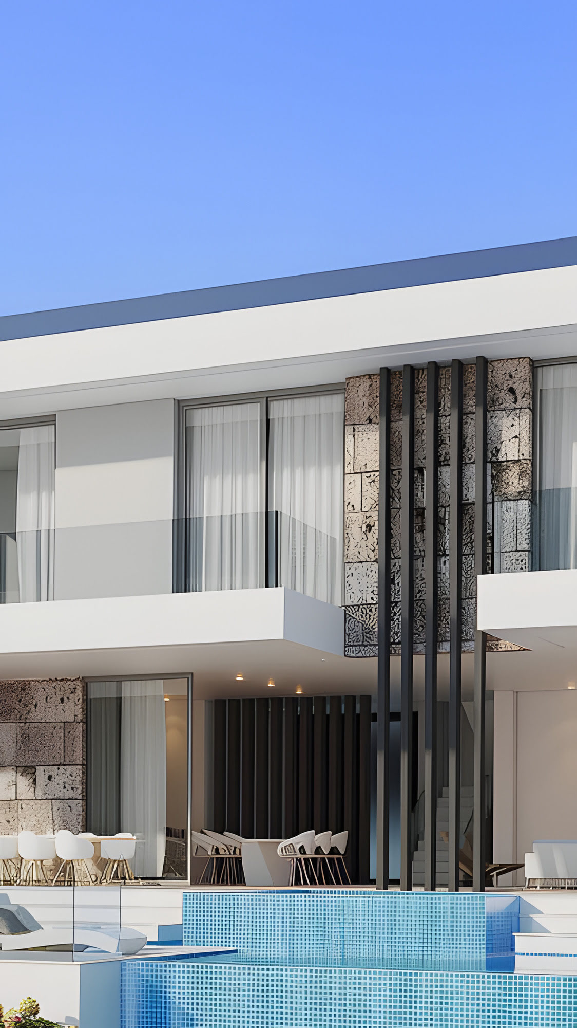 Architectural detail of UA218 focused on the central façade, pool reflections, upper terrace and vertical feature screen