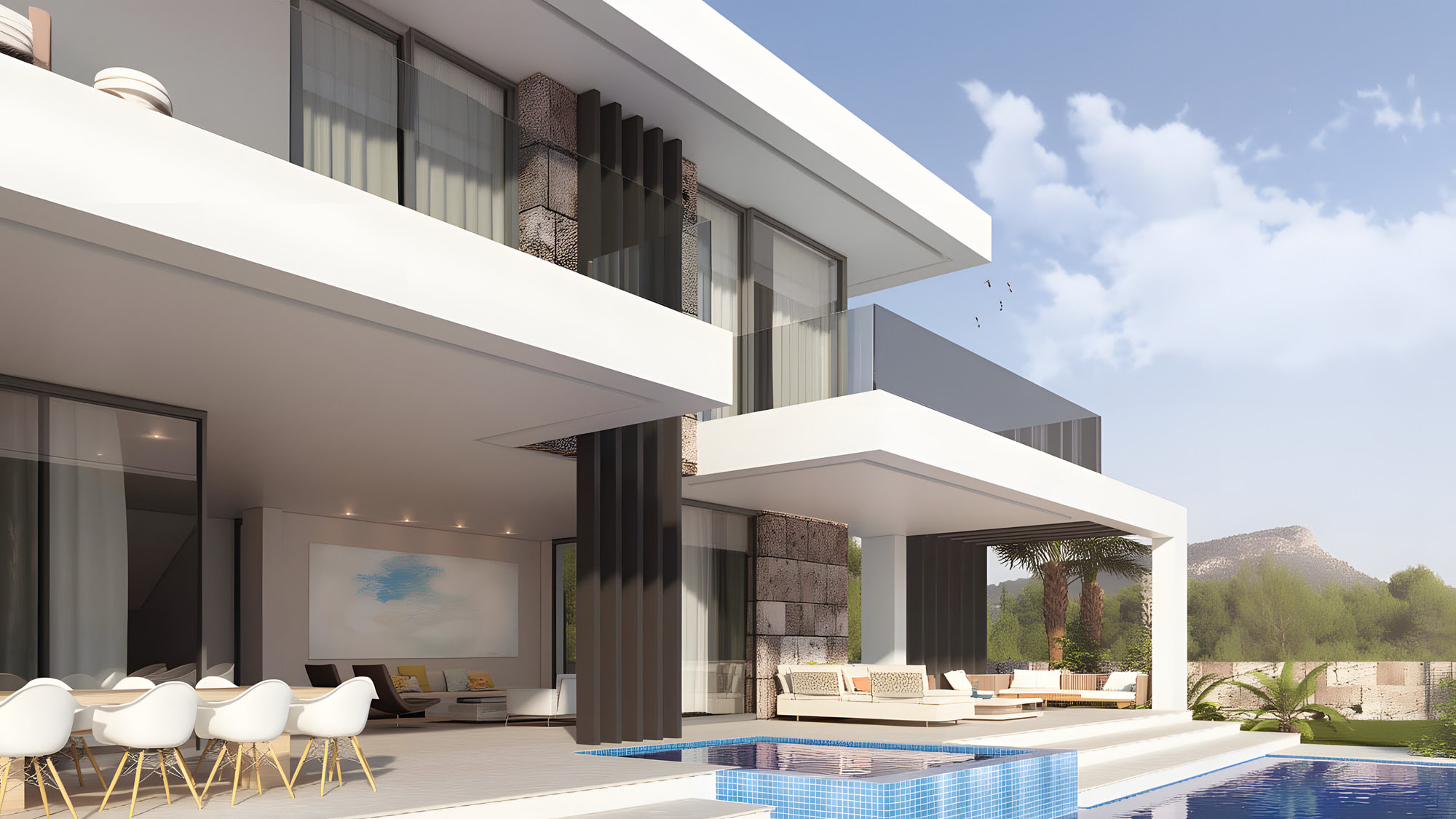Oblique exterior view of UA218 highlighting cantilevered terraces, outdoor dining, sculptural pool geometry and refined Mediterranean living