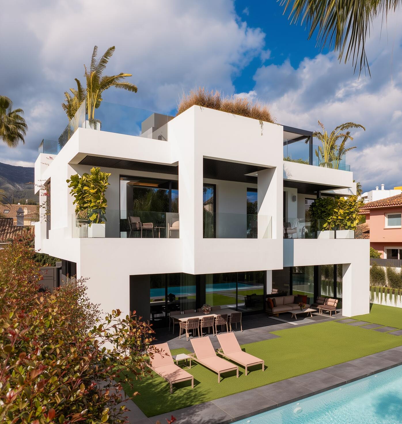 Garden-side perspective of Casa Velázquez with swimming pool, upper terraces and landscaped privacy on the Marbella Golden Mile