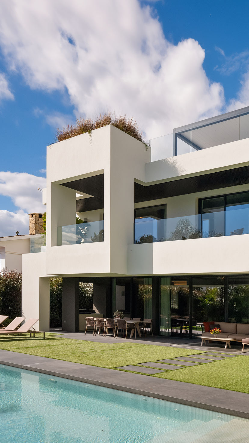 Vertical architectural crop of Casa Velázquez emphasising façade proportions, upper balcony and pool edge