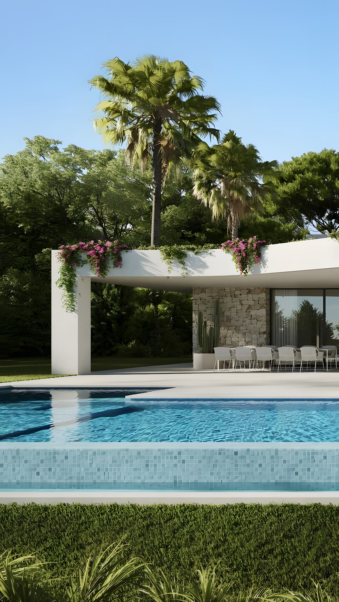 Vertical detail of the pergola and pool façade at Villa Venezuela highlighting shaded outdoor living and Mediterranean openness