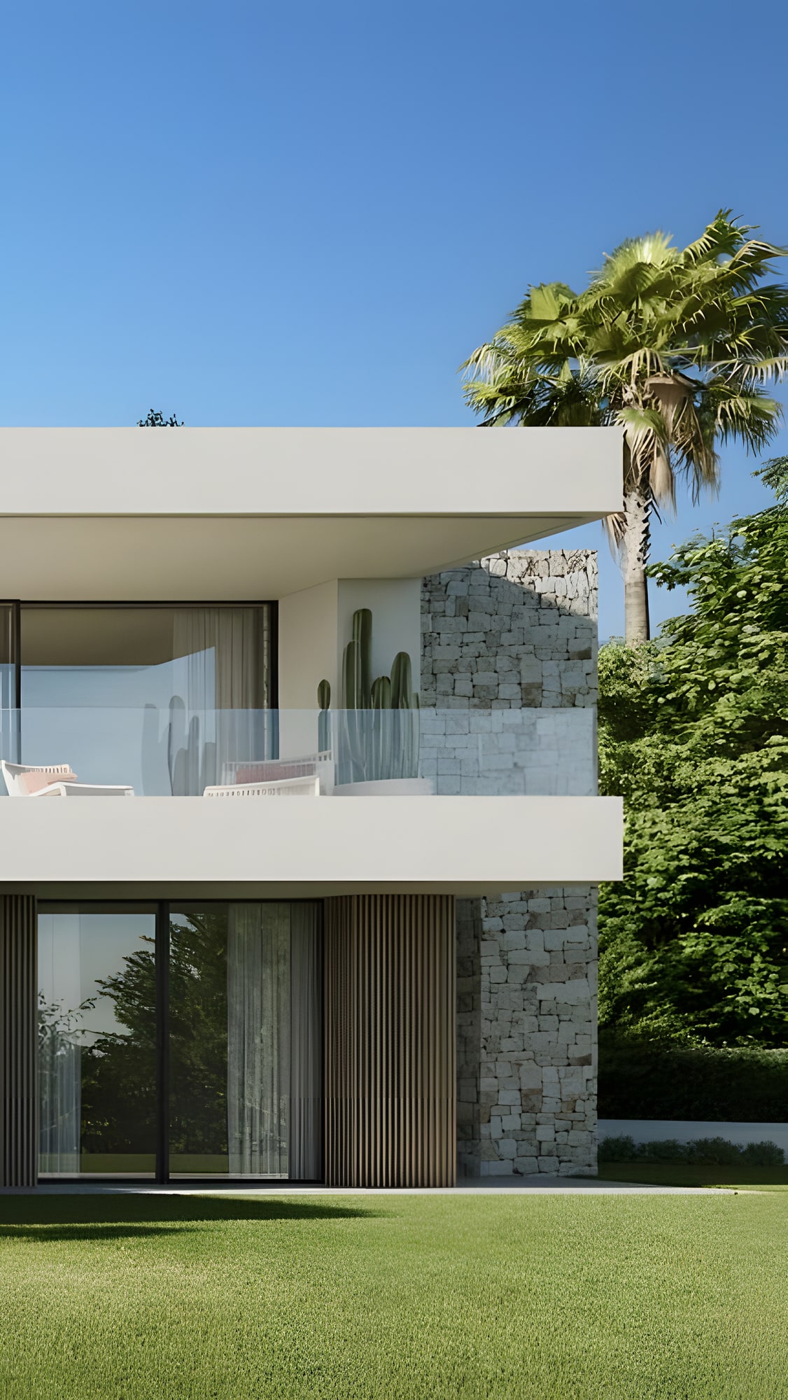 Vertical side façade of Villa Venezuela framed by lawn, palm planting and crisp contemporary Mediterranean geometry