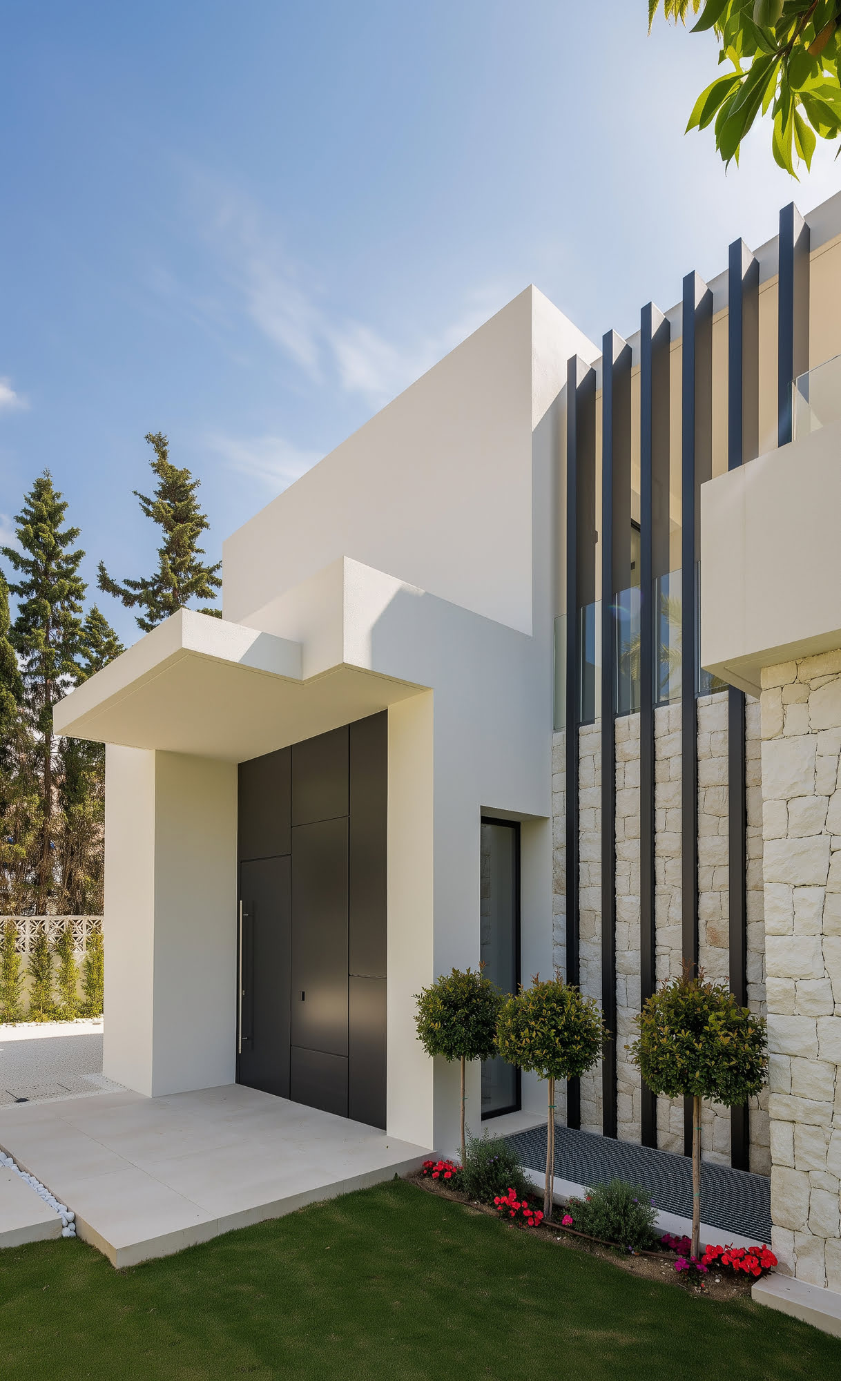 Daylight approach to VIDA DEL MAR with white sculpted volumes, vertical screens and landscaped entry sequence