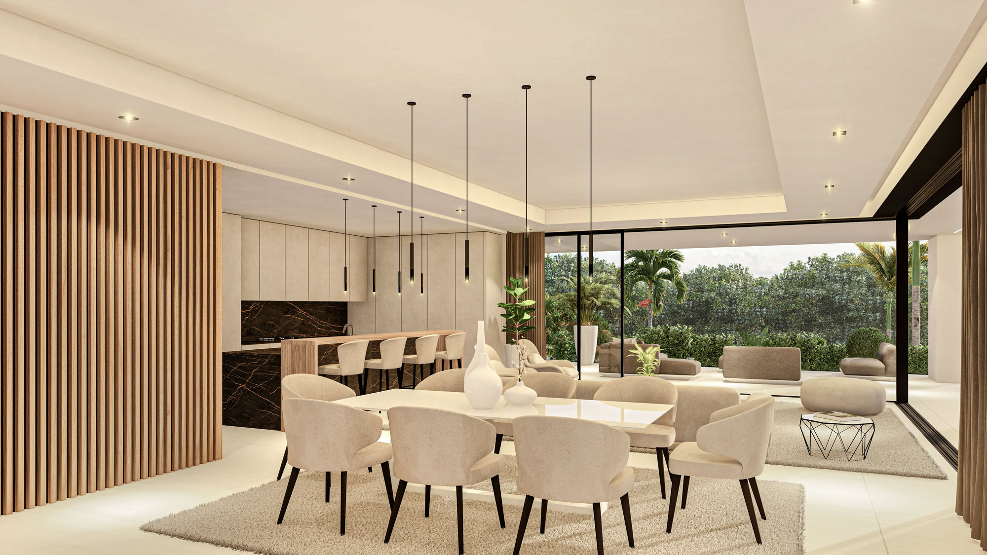 Dining area at Villas Gardenias with warm timber wall treatment and panoramic opening to the exterior