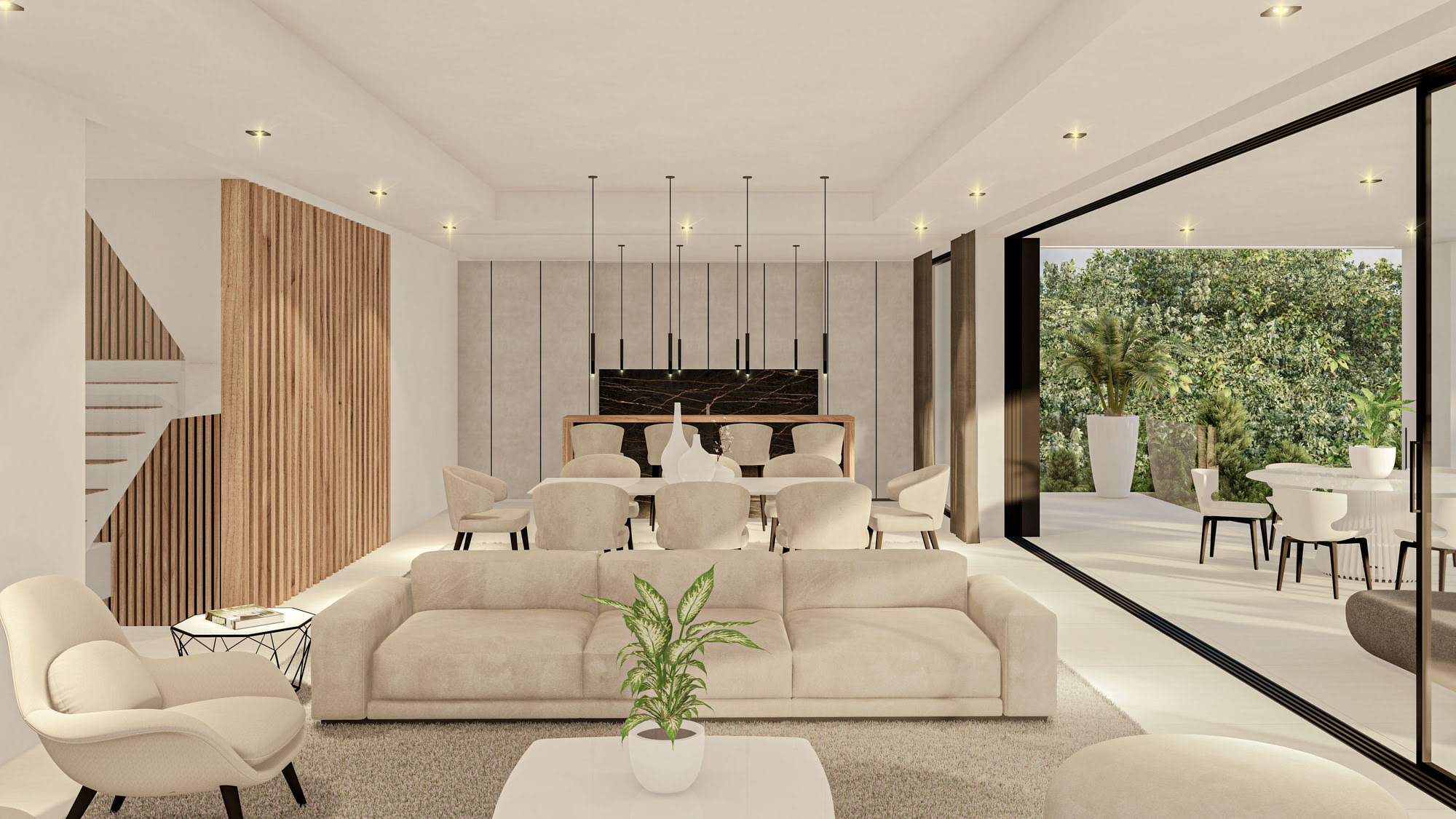 Open-plan lounge interior at Villas Gardenias with wide glazing, elegant seating and garden outlook