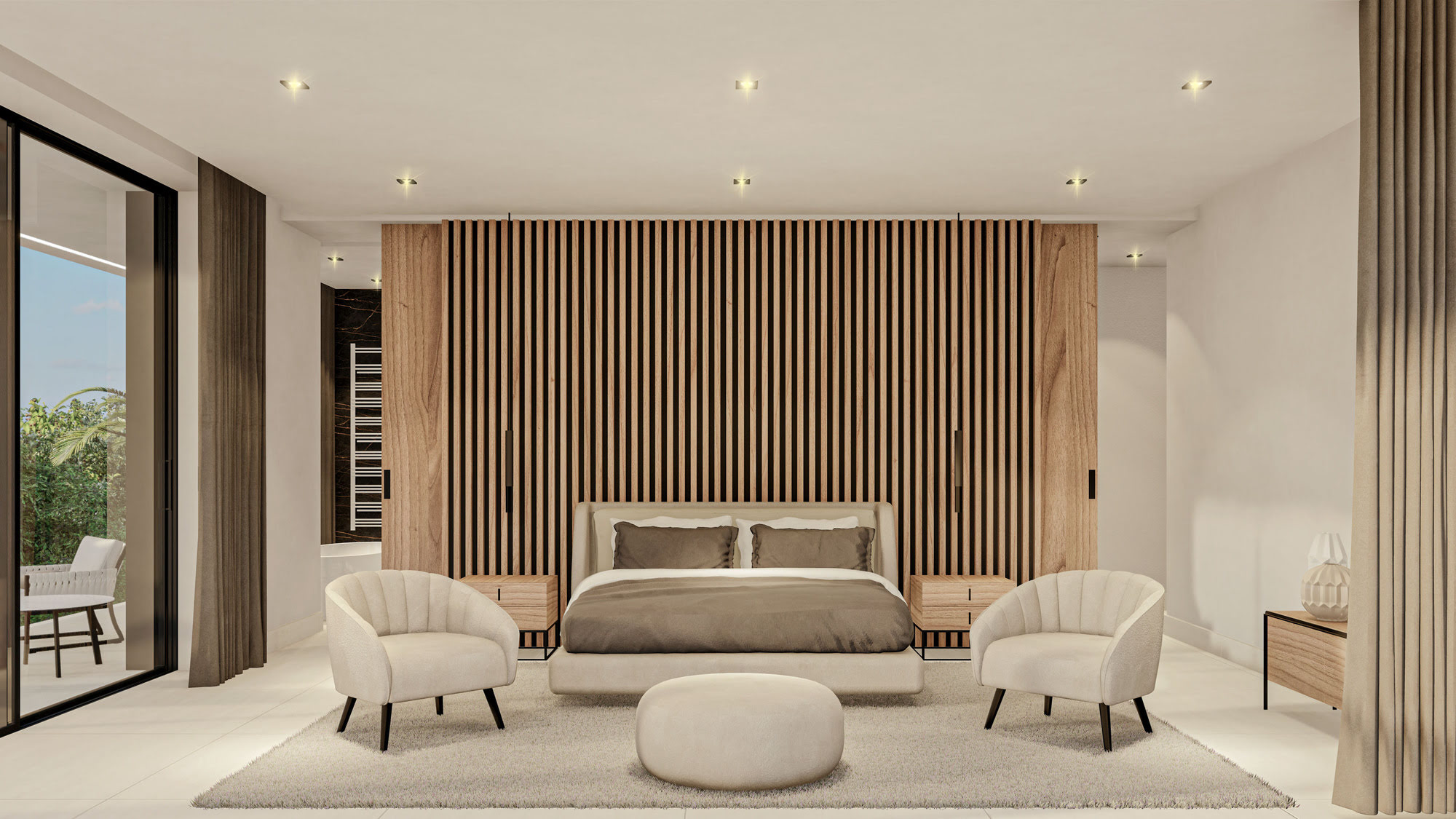 Intimate lounge corner at Villas Gardenias with timber panelling, calm contemporary furniture and soft daylight