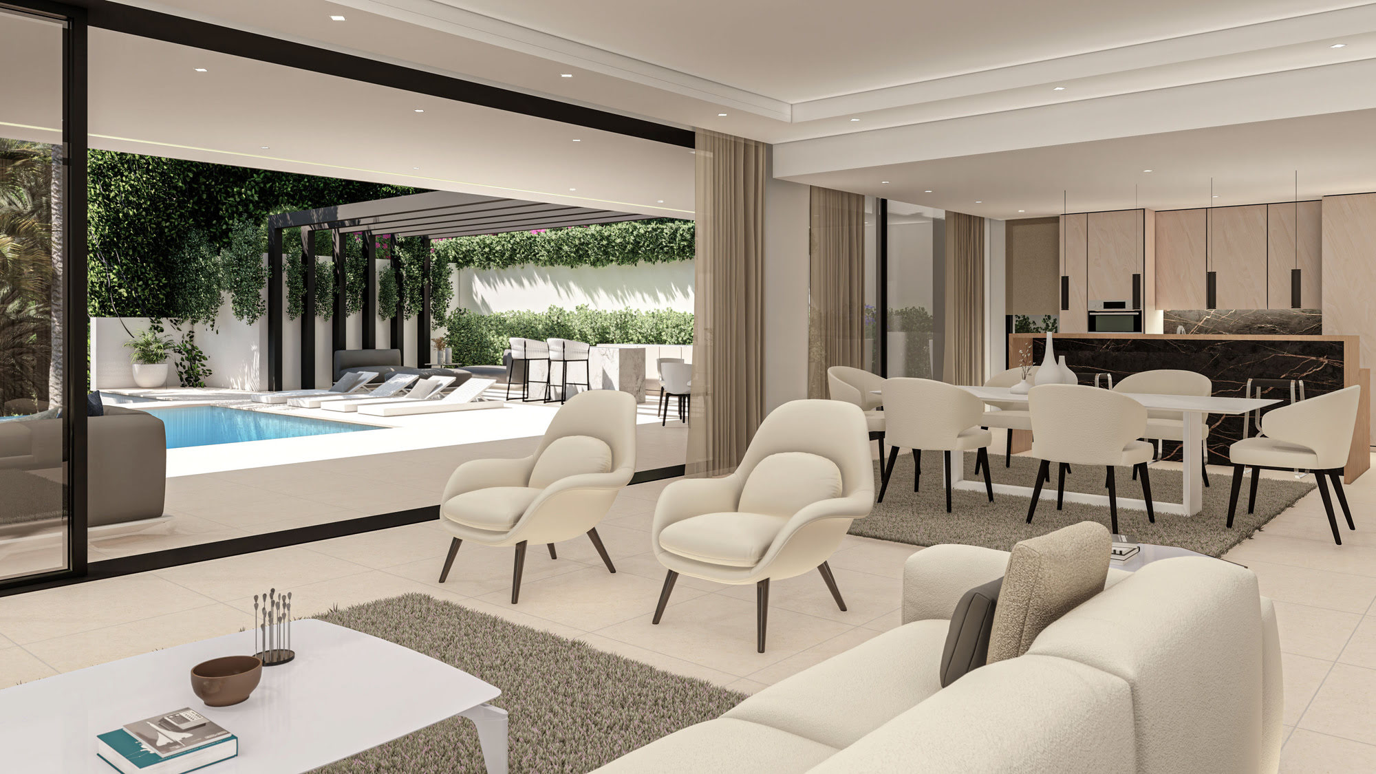 Large social living area at Villas Gardenias with layered seating, warm neutral palette and indoor–outdoor continuity