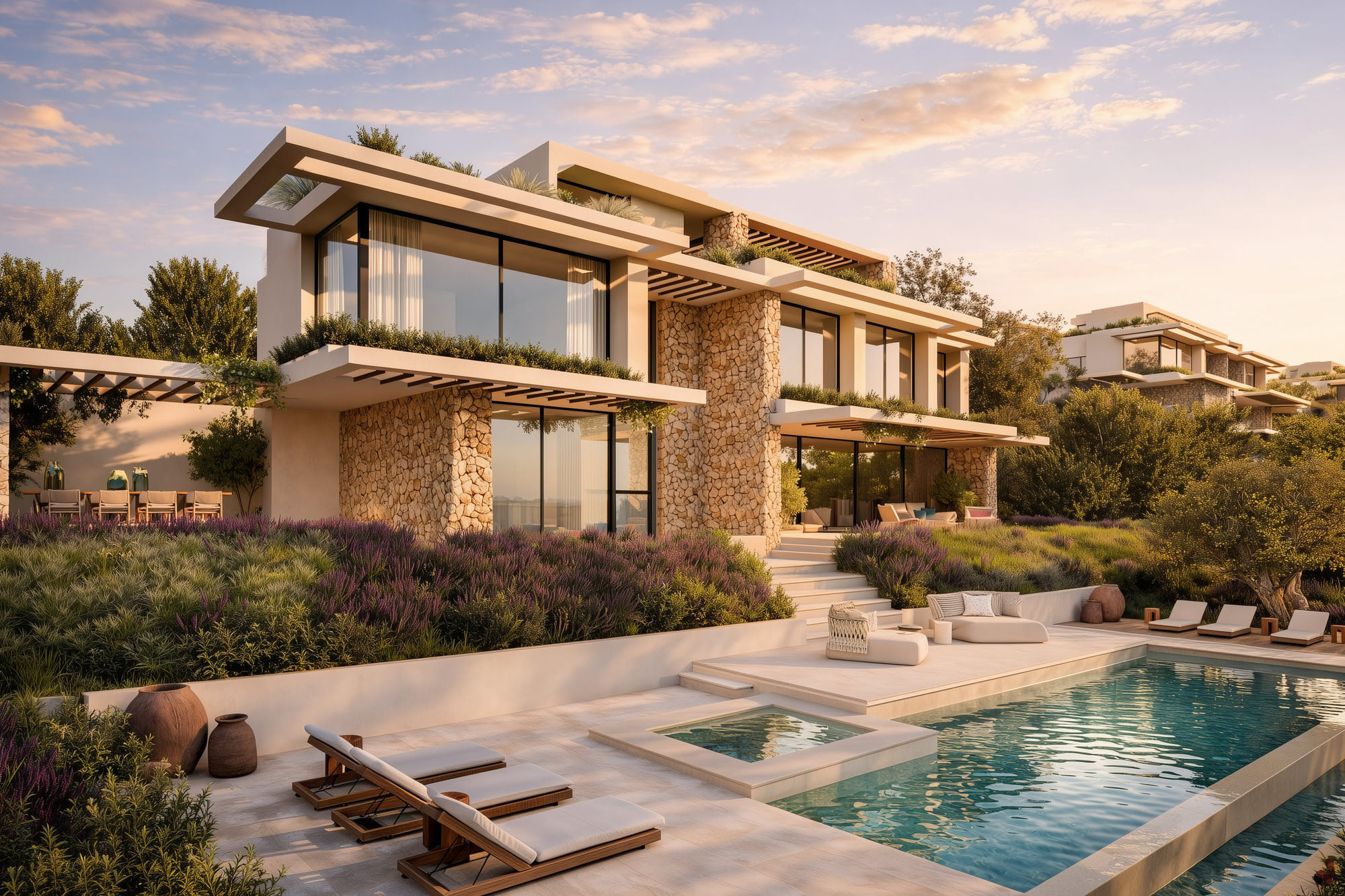 LA ALBORADA – hillside retreat with natural stone, wood and lavender garden