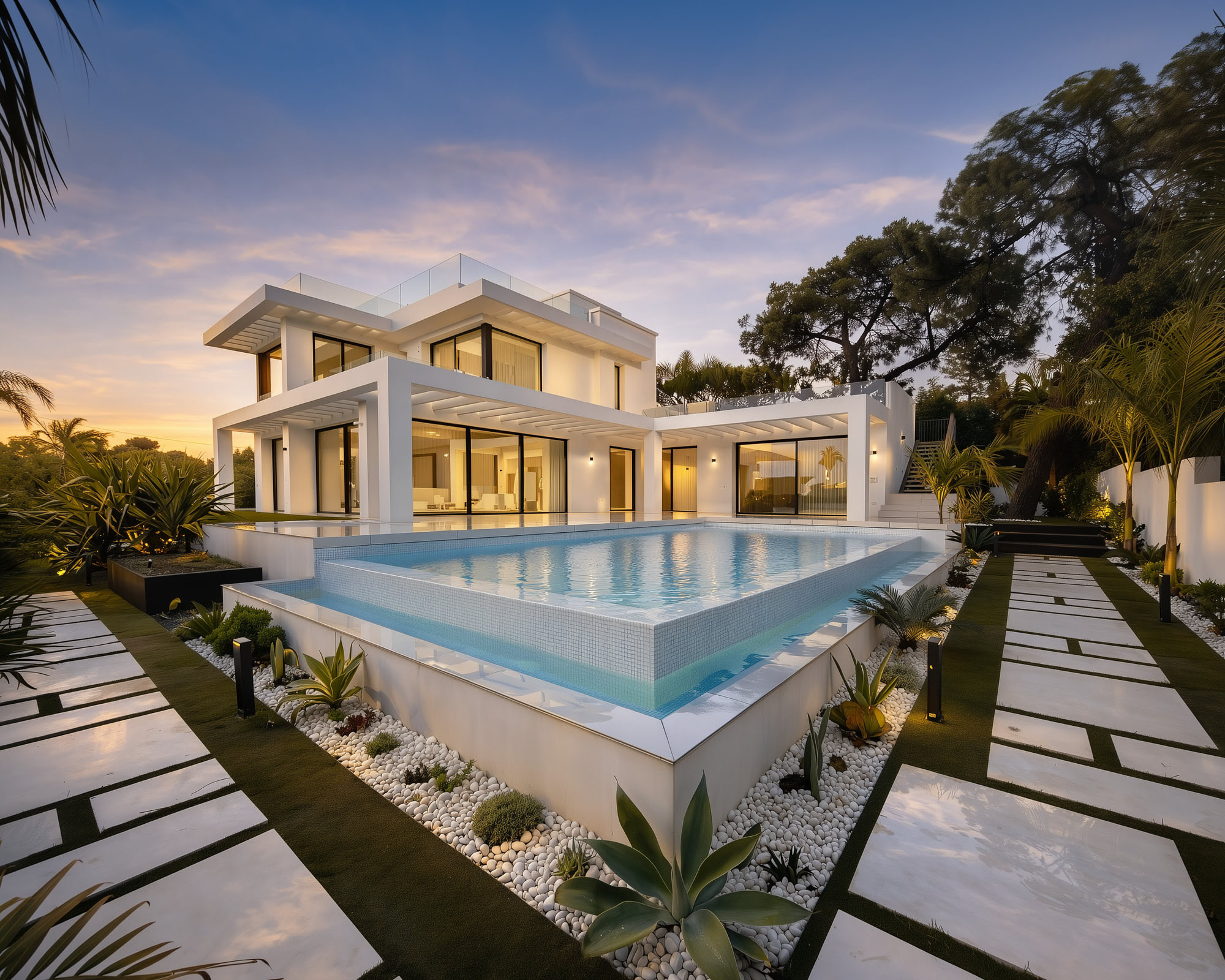 INÉS – minimalist white cube villa with water feature and garden